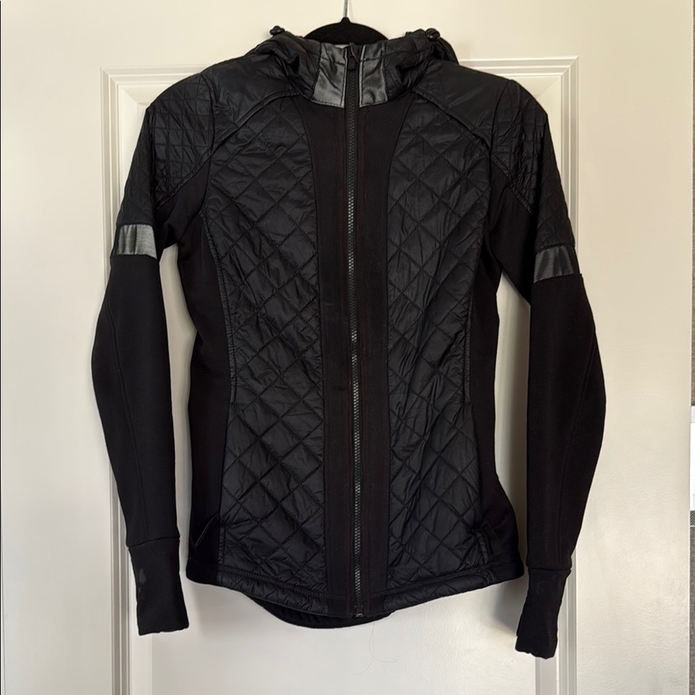 Athleta Black Ski Jacket with Quilted Design and Hood